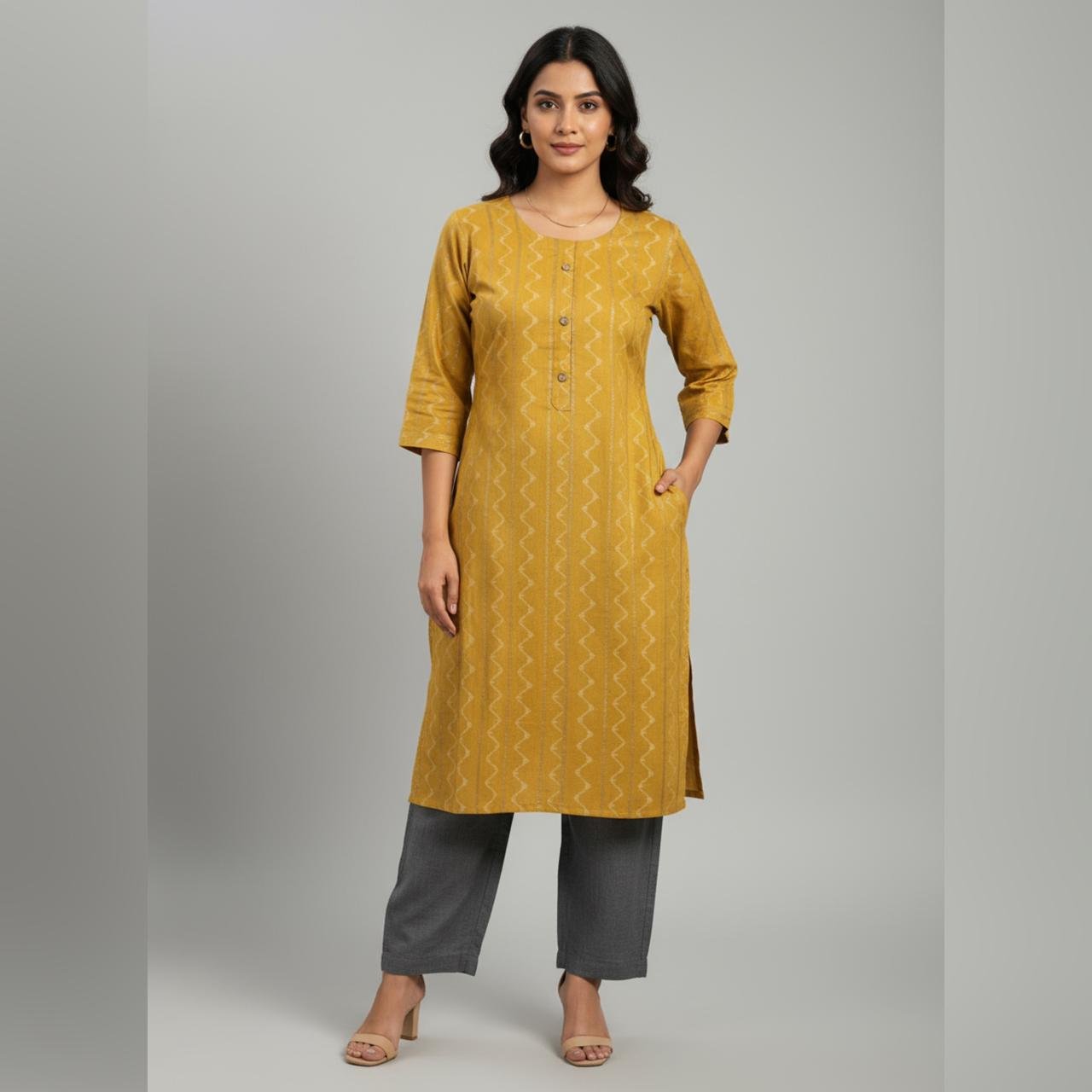 Elegant Mustard Yellow Zigzag Patterned Kurti - Comfortable & Stylish