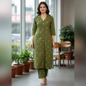 Olive Green Printed Kurti and Straight Pant Set