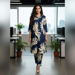 Elegant Navy Blue and Beige Leaf Print Kurti Set