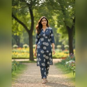 Elegant Navy Blue Floral Kurti Set