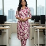 Women's Kurti Set in Purple and White Floral Design