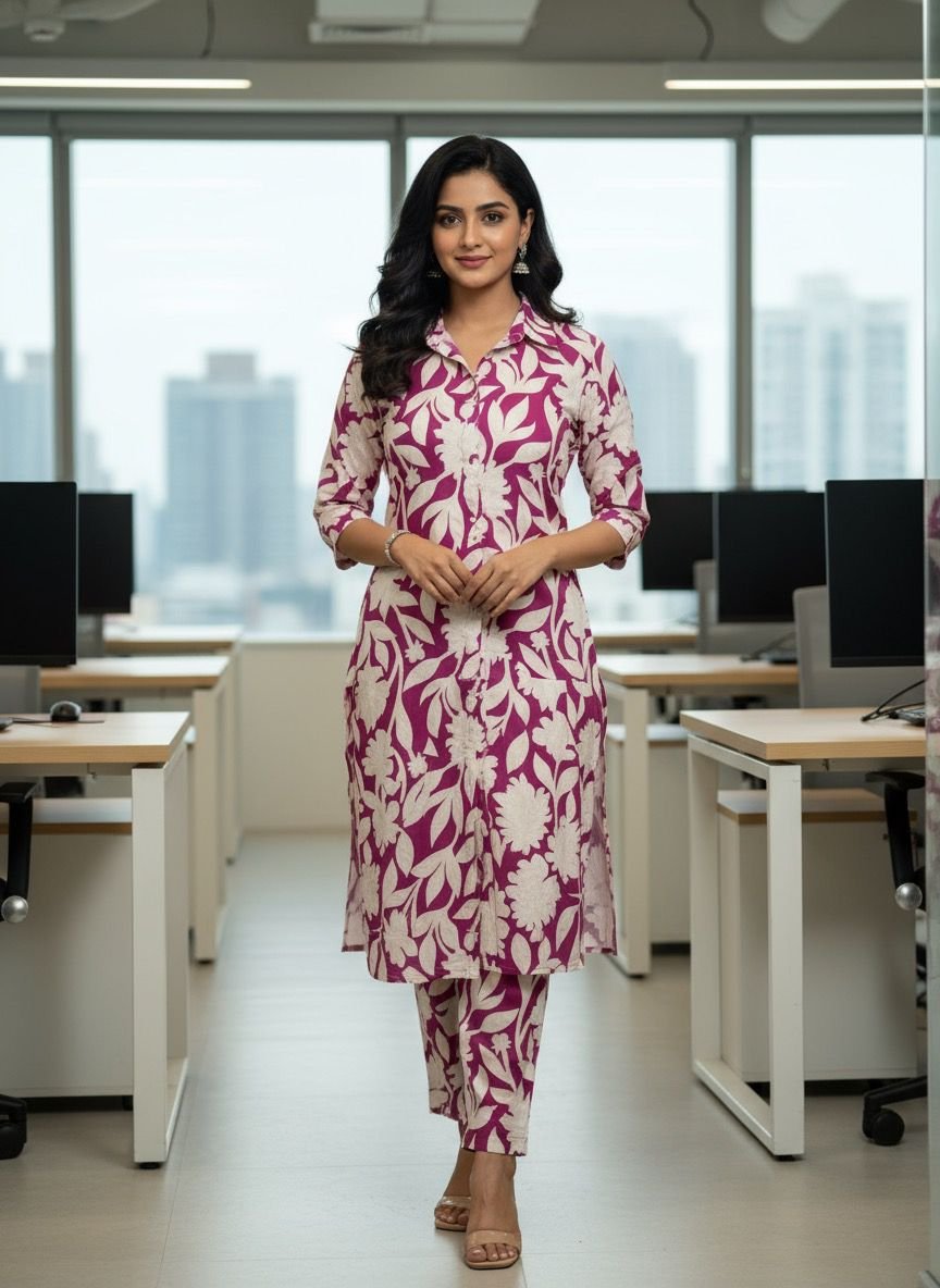 Women's Kurti Set in Purple and White Floral Design