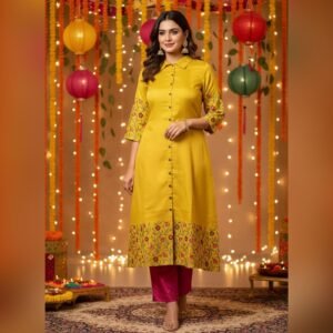 Festive Yellow Lining Stitched Printed Kurti with Embroidered Floral Detailing