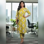 Mustard Yellow Ikat Print Kurti Set – Effortless Office Elegance