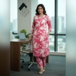 Pink Floral Cotton Kurti Set – Elegant Traditional Daywear for Women