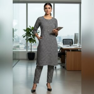 Professional Office Look: Black and White Printed Kurti Set for Women