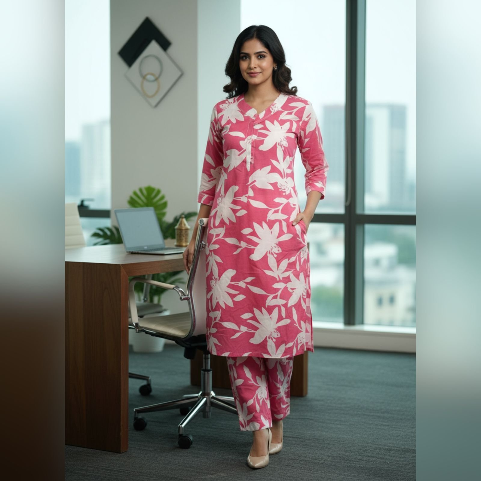 Pink Floral Cotton Kurti Set – Elegant Traditional Daywear for Women