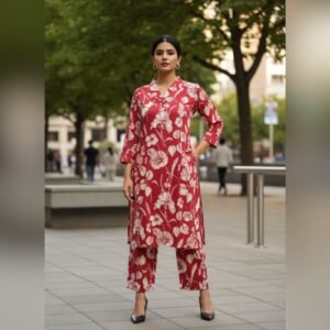 Red Floral Kurti Set
